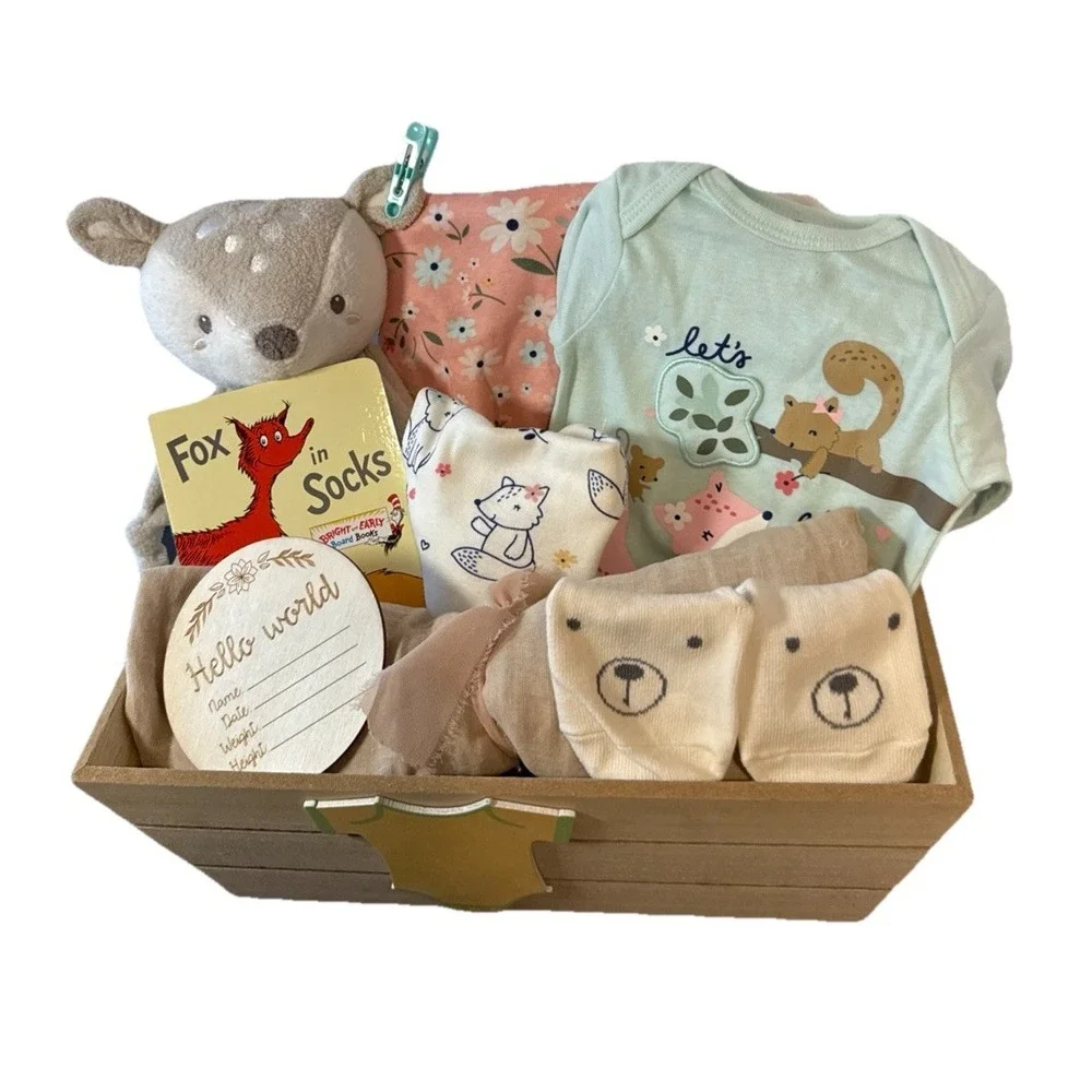 Gift Ready Fox Themed Baby Girl Shower Basket, Fox Book, Lovey, Clothes, Blanket